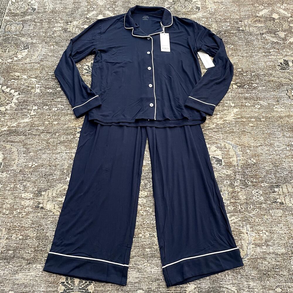 NEW Cozy Earth Children's Bamboo Knit Pajama Set Navy Blue Youth Size 13/14